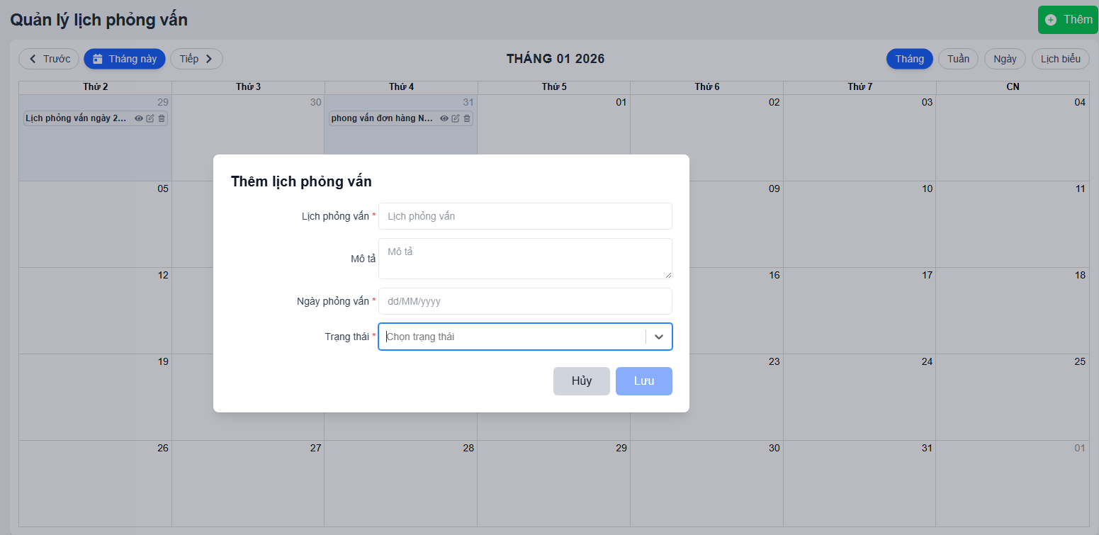 Chức năng thêm mới lịch phỏng vấn