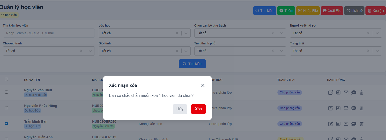 Xóa học viên khỏi hệ thống