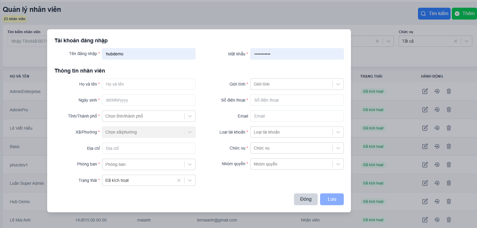 Màn hình thêm mới nhân viên