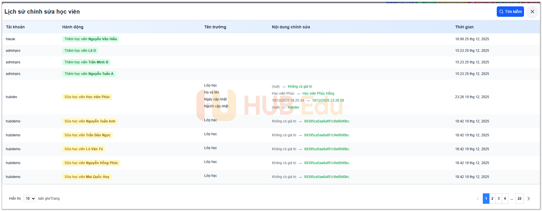 Xem lịch sử thay đổi của học viên