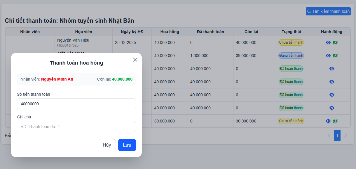 Hiển thị chi tiết thanh toán