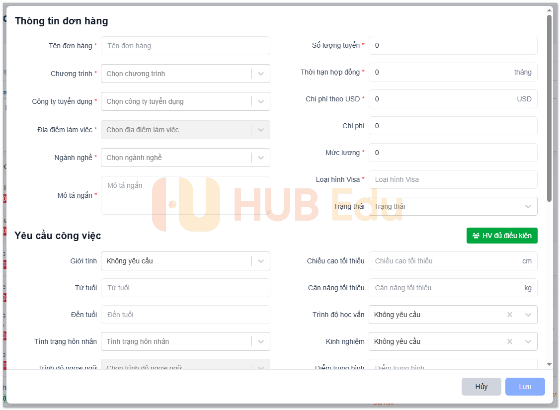 Thêm Thông tin đơn hàng trong phần mềm du học, xuất khẩu lao động HUB Edu