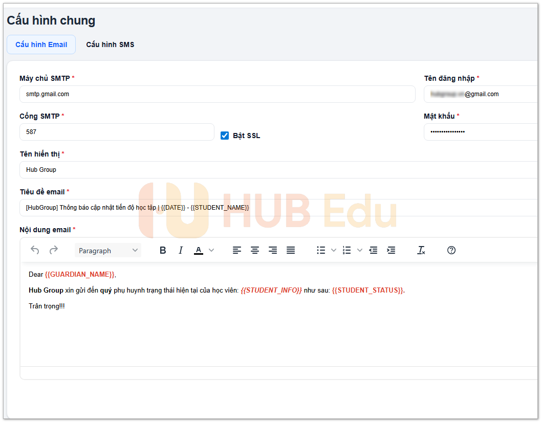 Cấu hình gửi Email (Giúp gửi Email cho học viên trực tiếp từ hệ thống)